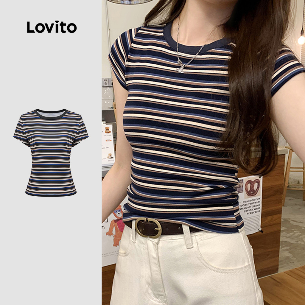 Lovito Camisa Casual com Acabamento Contrastante  Padrão  Primavera/verão  Camiseta azul marinho L143AD636