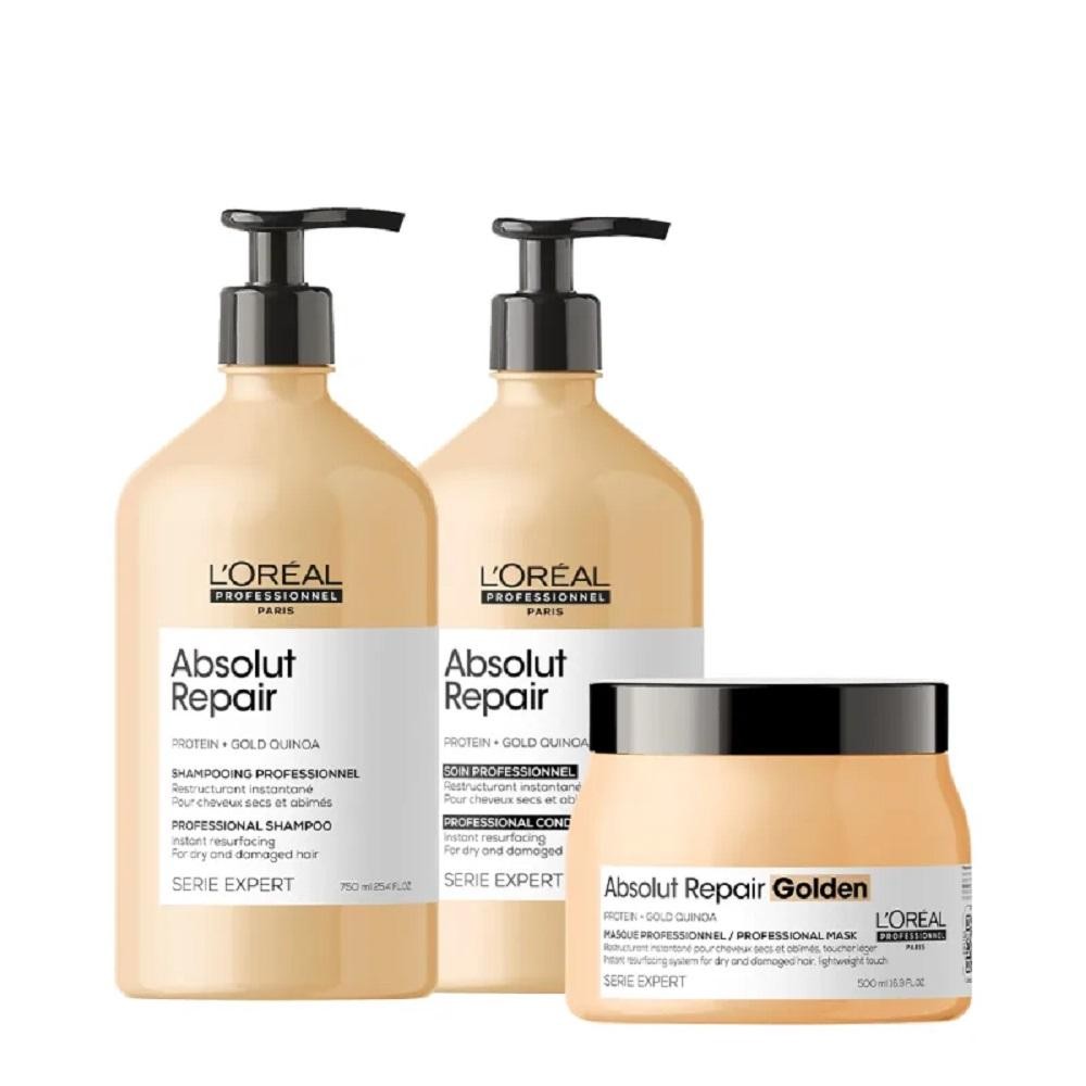 Kit L'Oréal Professionnel Absolut Repair Gold Quinoa Shampoo 750ml + Condicionador 750ml + Máscara 500ml