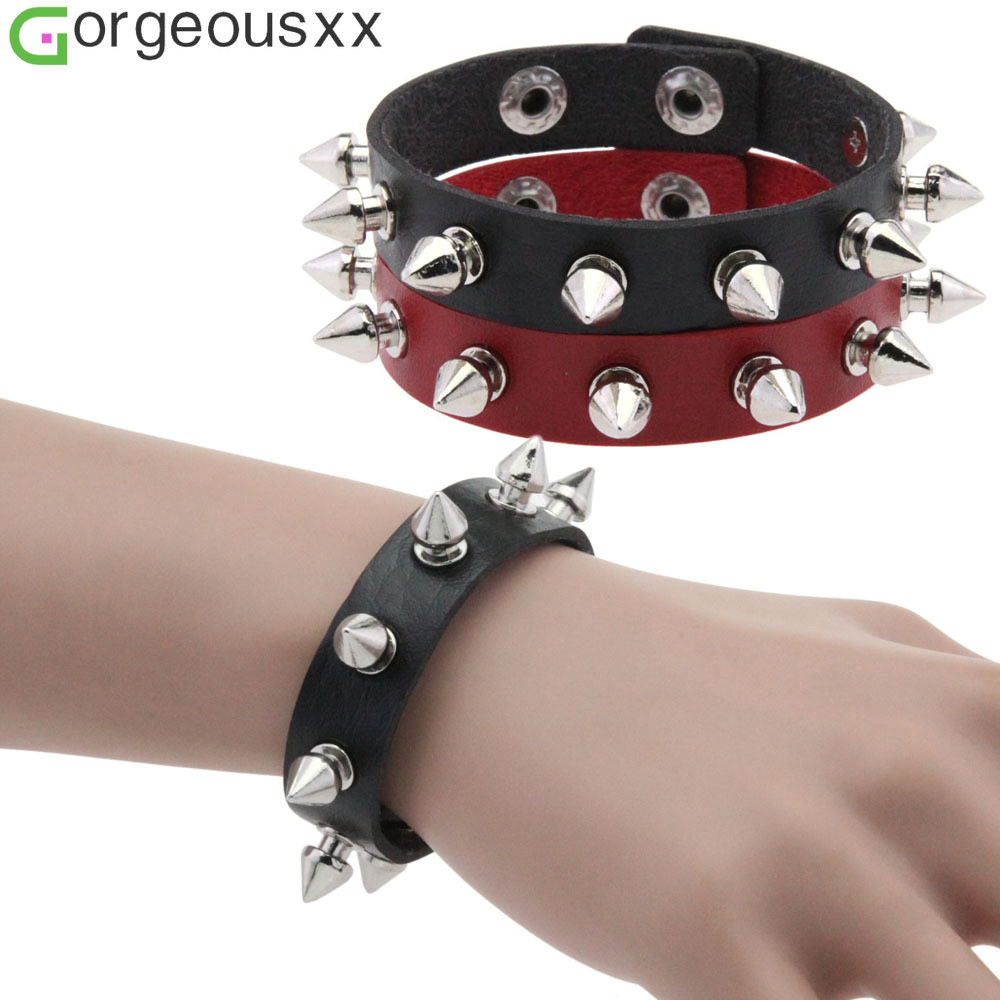 [Gorgeousxx] Pulseira Elegante De Couro Com Rebite De Fileira Única Para Mulheres , Pulseiras Elegantes Punk , Joias