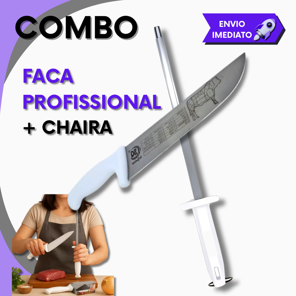 Combo Afiador Chaira + Faca Açougueiro 8” Profissional Cabo Branco p/ Churrascaria Açougue e Cozinha