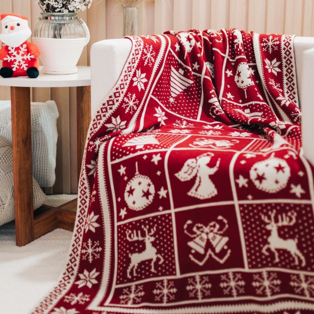 Manta Natalina Decorativa Tricot Macia Desenho com Árvore de Natal 155x95cm Dupla Face