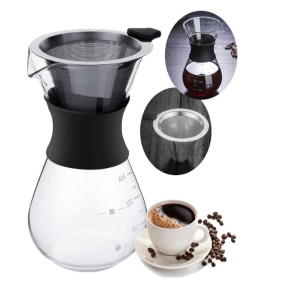 CAFETEIRA VIDRO COM COADOR INOX FILTRO PASSADOR CAFE 400ML BULE JARRA MANUAL BORO BOROSSILICATO DRIP MODERNO