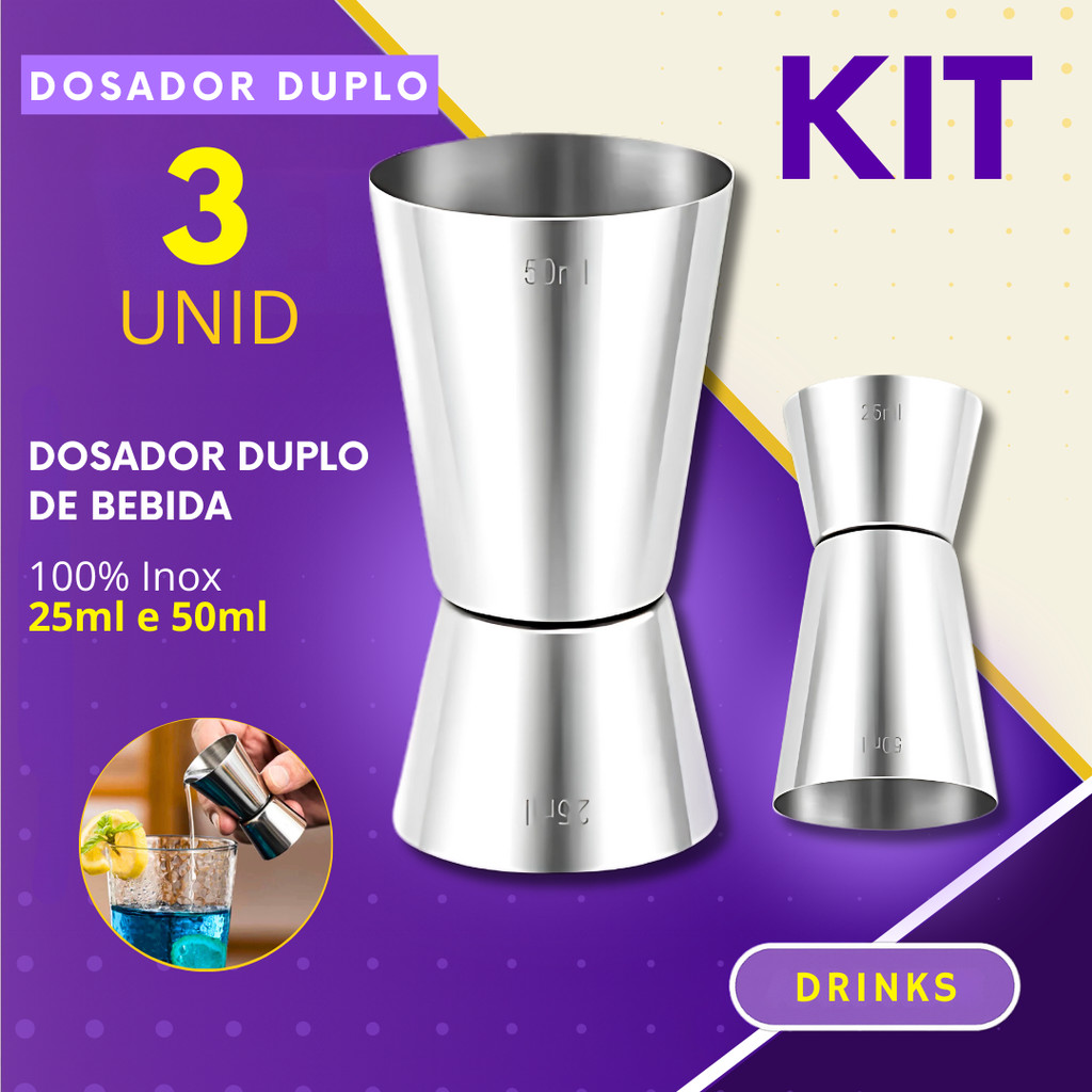 Dosador de Bebida Kit 3, 2 ou 1 Peça Duplo para Drink Inox 25ml e 50ml Bar Drinks Bebidas Barman