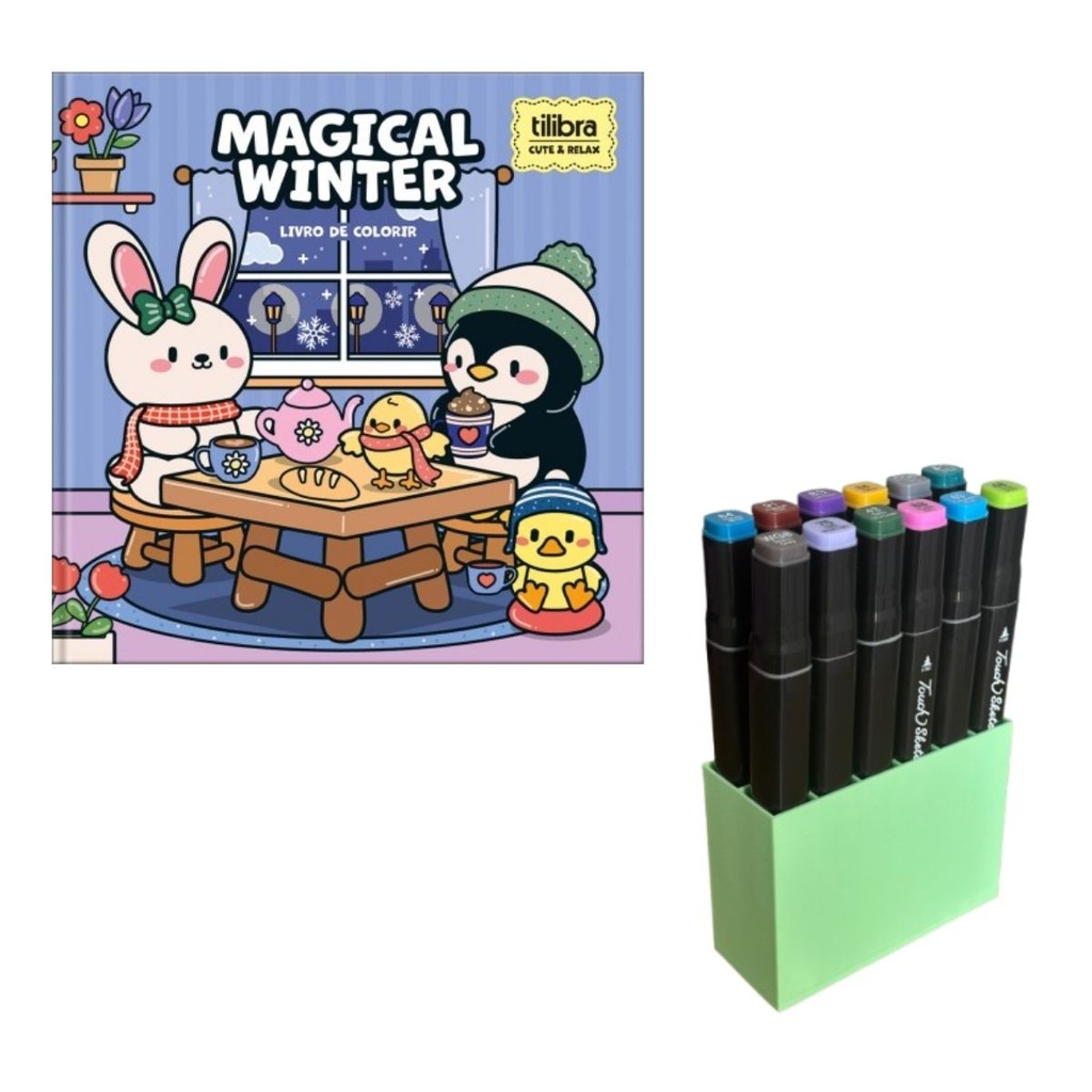Kit Livro de Colorir Cute & Relax com 12 Canetinhas Marcadores e Suporte Organizador Cor Verde