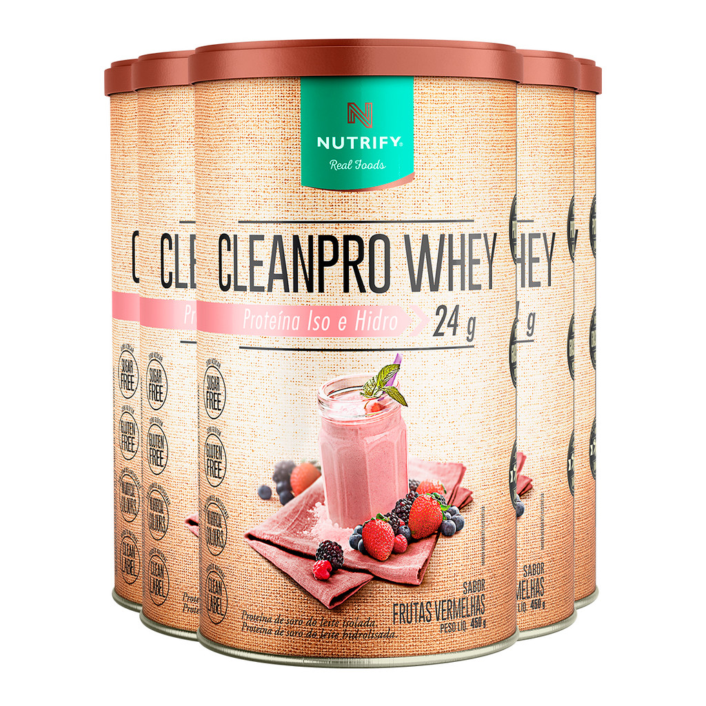 Kit 5 Clean Pro Whey Hidrolisado Frutas Vermelhas Nutrify 450g