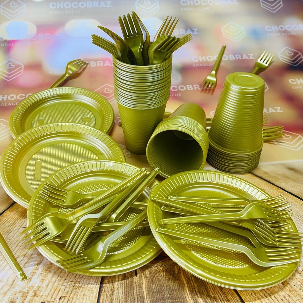 Kit Festa 50 PESSOAS DESCARTAVEIS DOURADO PEROLADO GARFO + PRATO + COPO em Oferta na Shopee