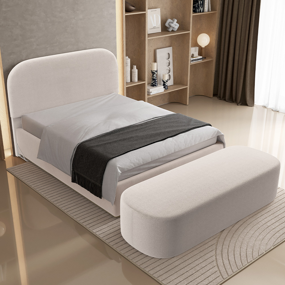 Cabeceira Cama Box King 195cm Lanna com Puff Recamier Doha W01 Bouclê Creme - Lyam Decor
