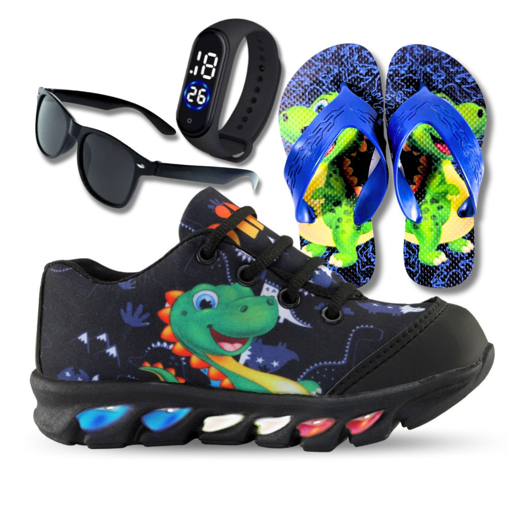 Kit Tenis de Led Infantil Masculino Dino Dinossauro Chinelo Relógio e Óculos