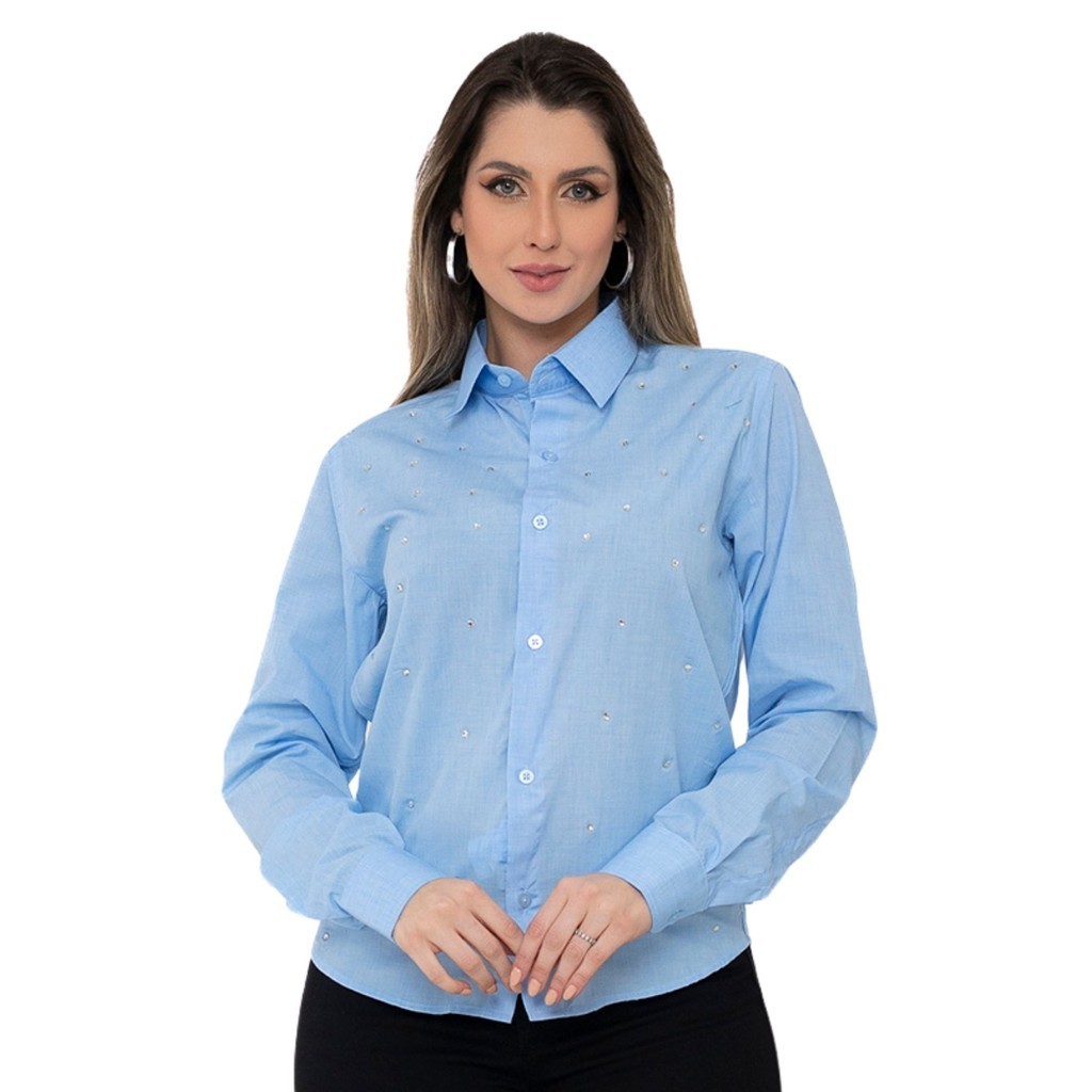 Camisa Social Feminina Premium Tipo Linho Azul Claro com strass