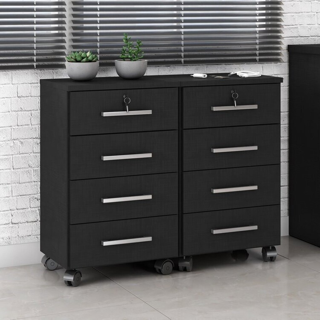 Conjunto 2 Gaveteiros para Escritório 4 Gavetas com Rodízios e Chave Gávea Preto em Oferta na Shopee