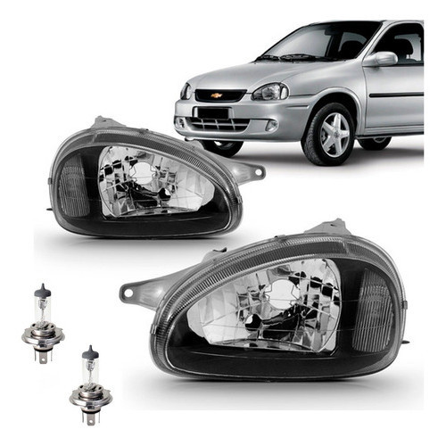 KIT PAR FAROL CORSA 2001 CARCACA CINZA MOLDURA PRETA + PAR LAMPADA H4 HALOGENA