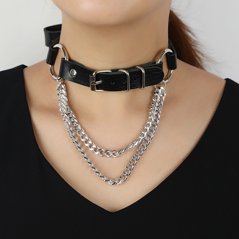 [Colar Jóias Jóias Jóias Jóias Cadeia de Bondage Clavicle Cadeia de Bondage Feminino Europeu Americano Tendência de Moda Única Rock Ladies Punk Style Leather Necklace