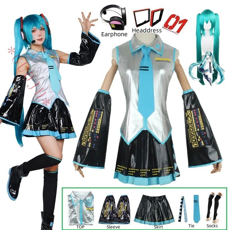 Anime Miku Cosplay Costume Wig Headwear Conjunto Completo de Acessórios de Festa de Halloween para Meninas Femininas
