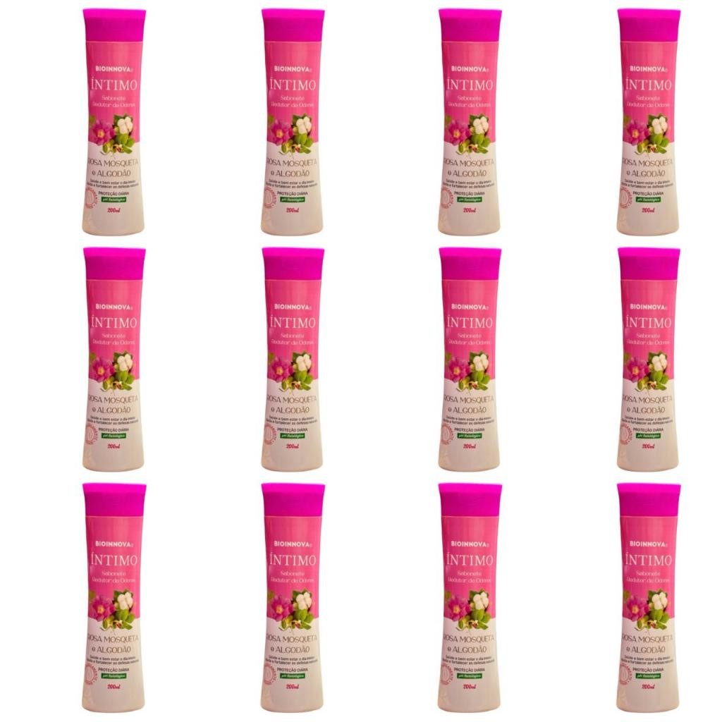 12x Sabonete Íntimo Rosa Mosqueta e Algodão - Redutor de Odores - Saúde e Bem Estar o Dia Inteiro - Ajuda a Fortalecer as Defesas Naturais - Proteção Diária - pH Fisiológico - 200ml (cada) - Bioinnova