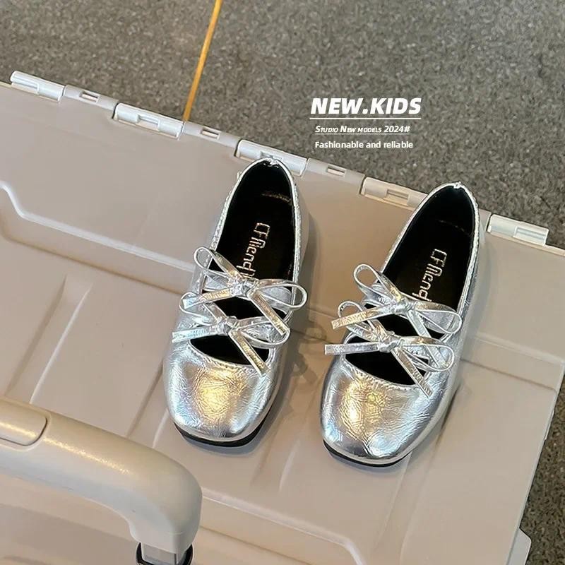 Jogerli Silver Bow Classmate Spring Autumn Shallow Mouth Sapatos De Couro Para Crianças PU Meninas Ballet Princesa Loafer em Oferta na Shopee
