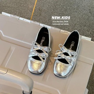 Jogerli Silver Bow Classmate Spring Autumn Shallow Mouth Sapatos De Couro Para Crianças PU Meninas Ballet Princesa Loafer em Oferta na Shopee