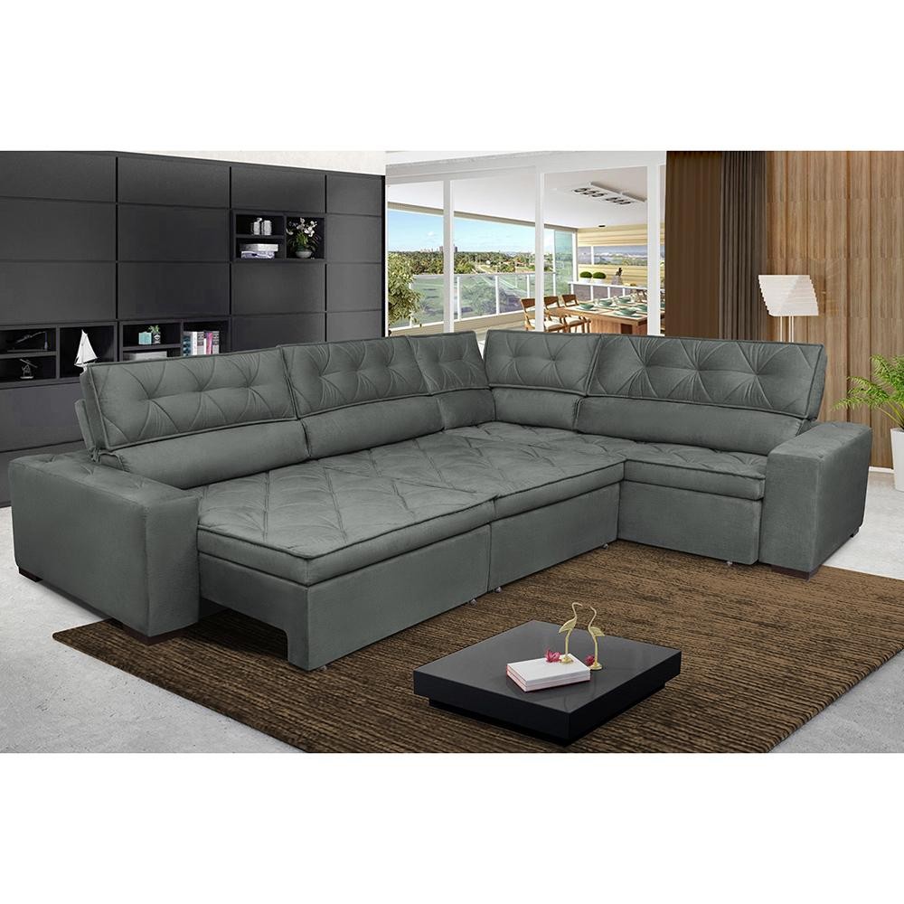 Sofa de Canto Retrátil e Reclinável de Molas Cama inBox Austin 3,45X2,44 ou 2,44X3,45 Velusoft Cinza