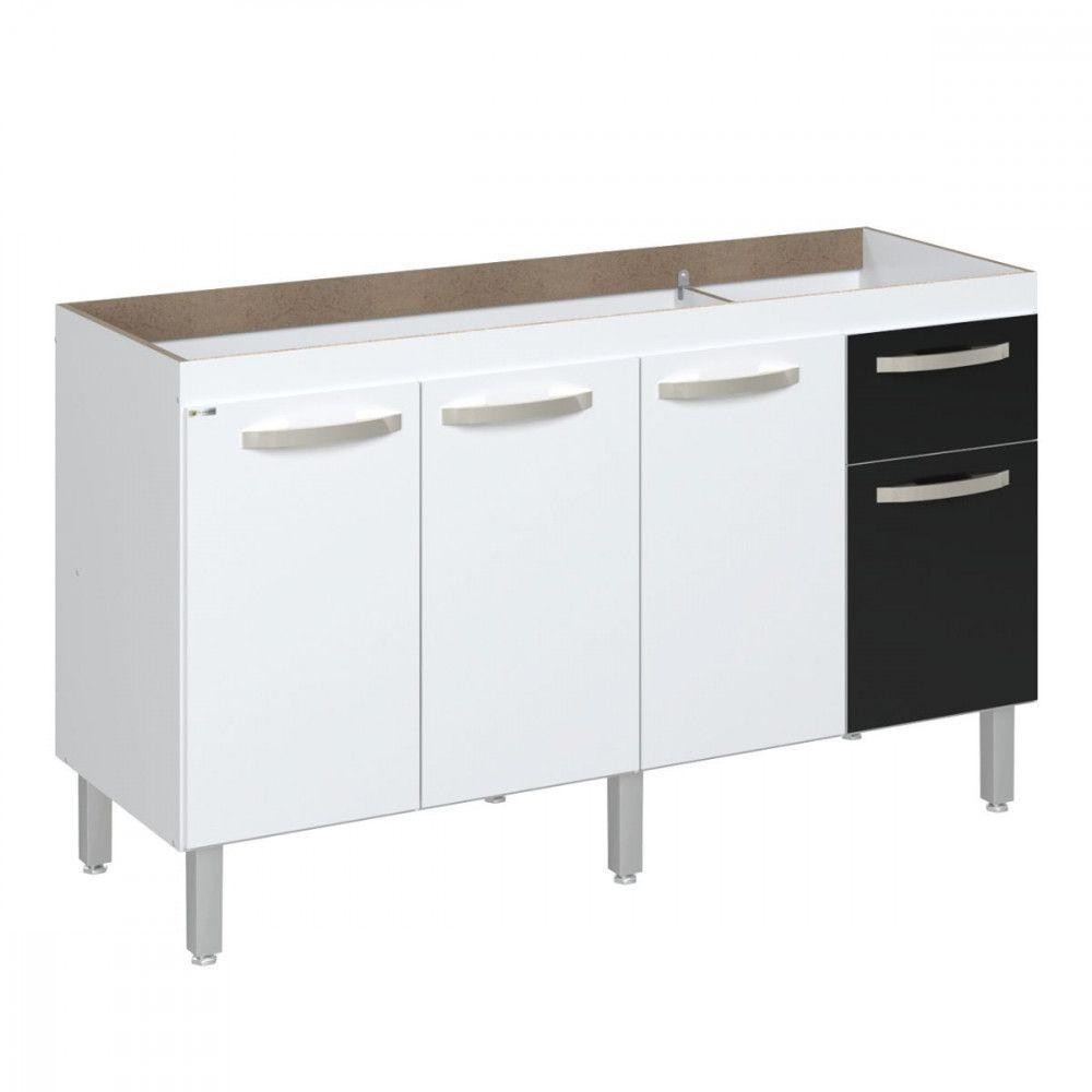 Balcão Flat De Cozinha Para Pia 4 Portas 1 Gaveta 1,43 Branco Com Preto - Home & Living