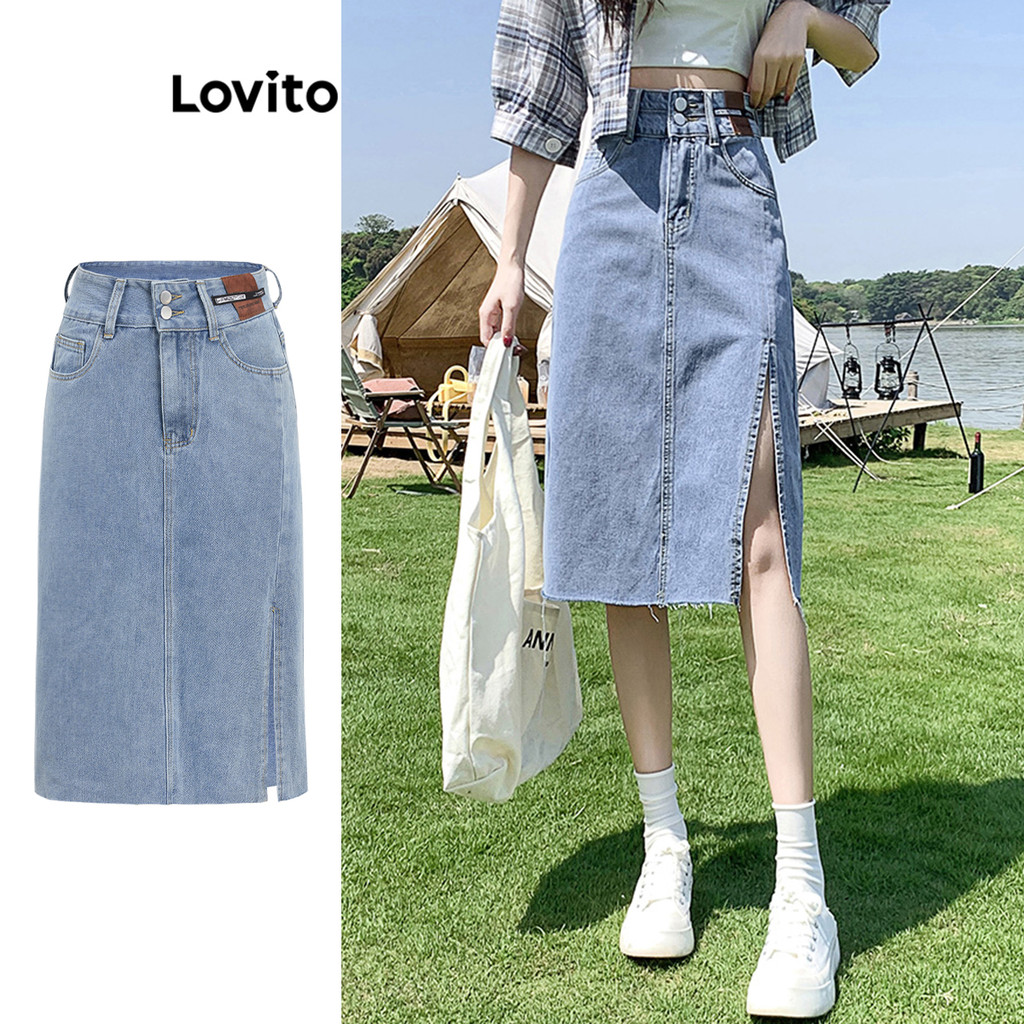 Lovito Saia jeans casual com botão liso e zíper frontal dividido para mulheres L96MD039 - Women Clothes
