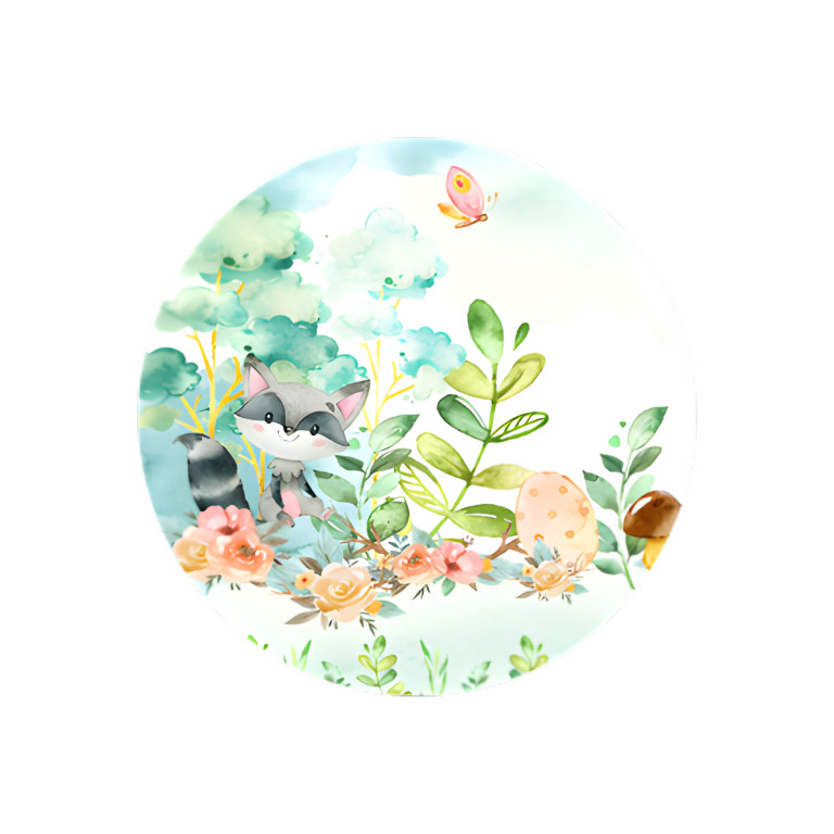 NOVO Painel Festa Infantil Redondo Guaxinim no Bosque Fofo, Mini Borboleta Rosa, Aquarela + Arco, Suporte incluso. Fazemos personalizado com qualquer tema. Confeccionado em Lona fosca, impressão de alta resolução. cenário , p/ Decoração
