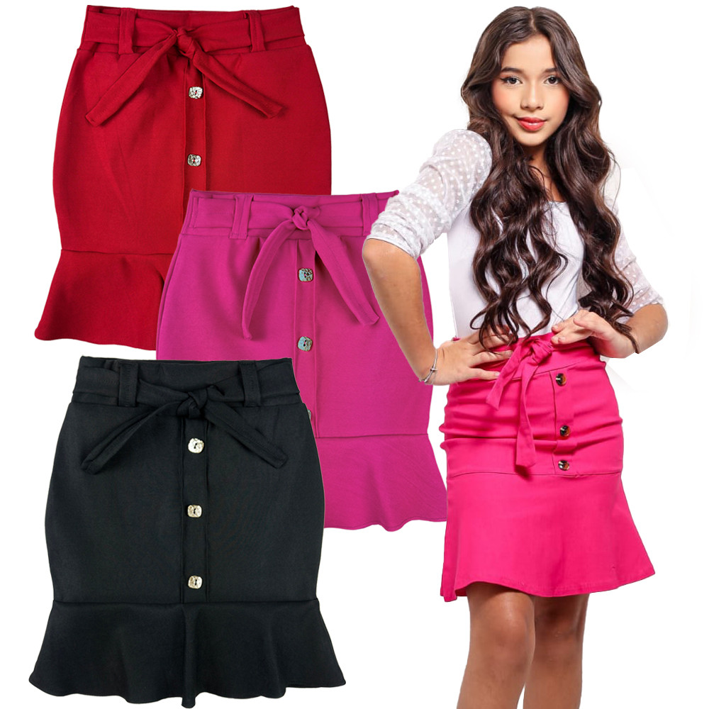 Saia evangelica laço tecido bergaline infantil menina moça babado