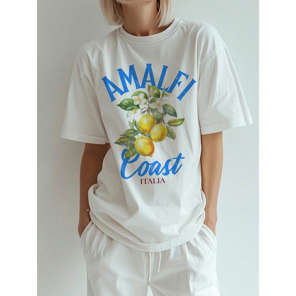 Top da Costa de Amalfi, Camiseta Gráfica Italiana com Limão, Camiseta Italiana de Cor Confortável, Camiseta de Estampa da Moda, Top de Positano, Top de Verão Vintage Estética, Capri 2024 Novo