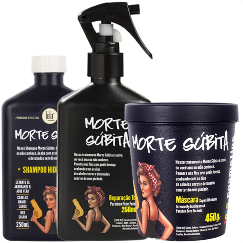 Kit Morte Subita Shampoo 250ml, Mascara 450g e Spray Reparação Total 250ml Lola Cosmetics