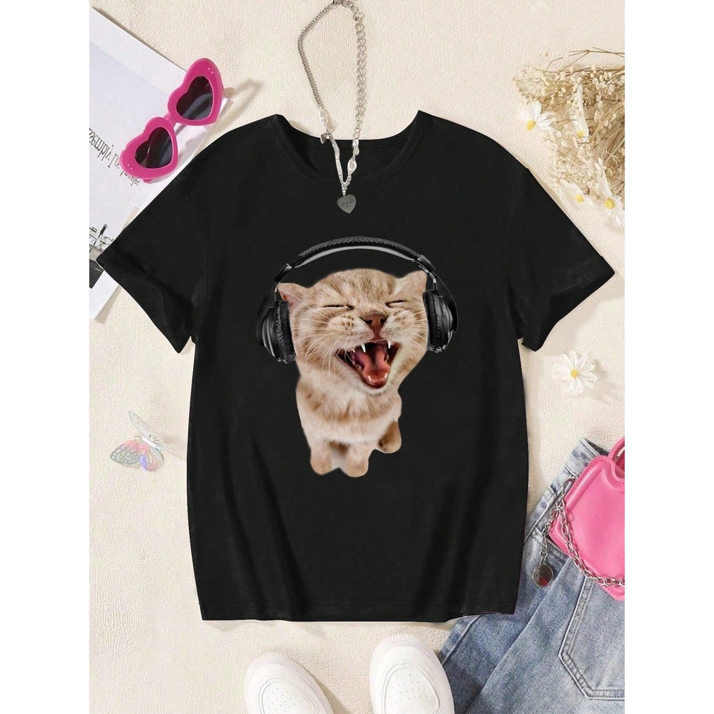 Camiseta Infantil Feminina Gatinha Fone Camiseta 100% algodão