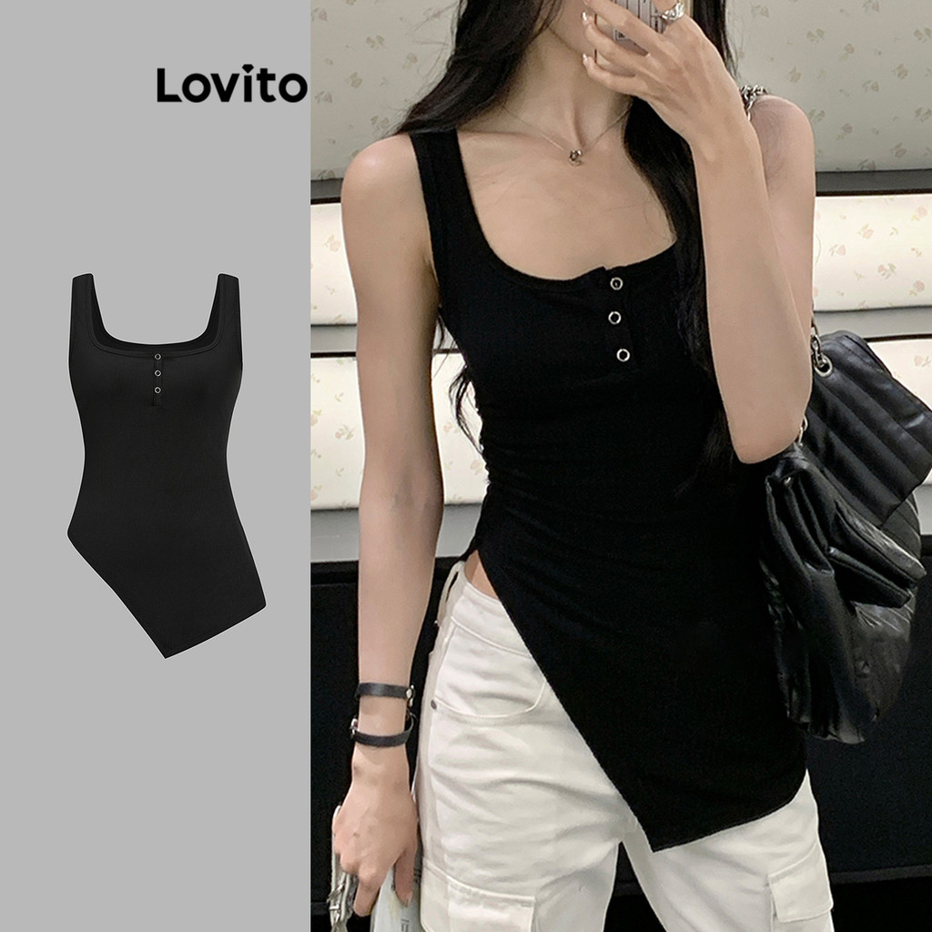 Lovito Casual Simples Botão Assimétrico Regata para Mulheres L104ED907 - Women Clothes