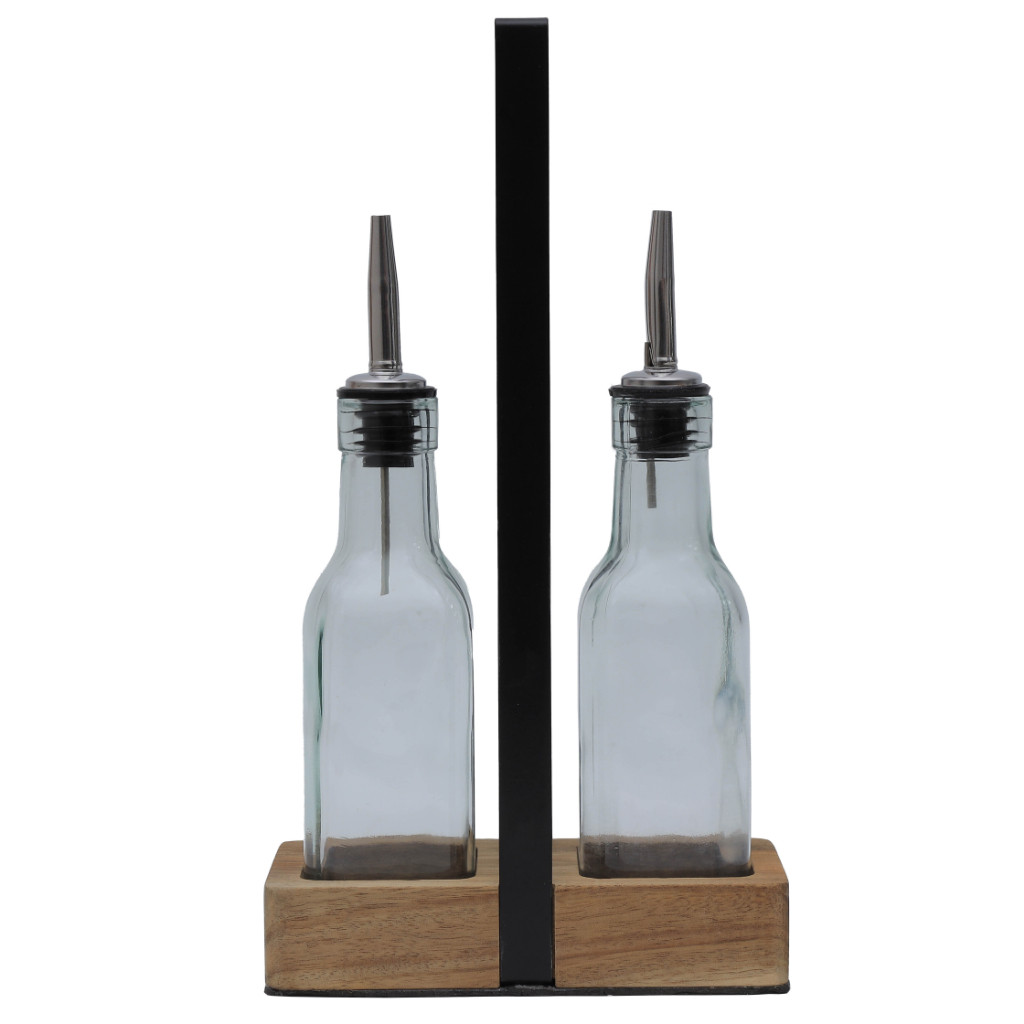 Galheteiro com Suporte Acácia Wood Duo Garrafas Azeite e Vinagre Mimo Style