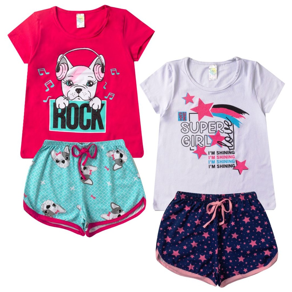 Kit 2 Conjunto Verão Infantil Feminino Blusinha e Shorts em Algodão + Cotton Roupa Menina Estampas Divertidas 04 06 08