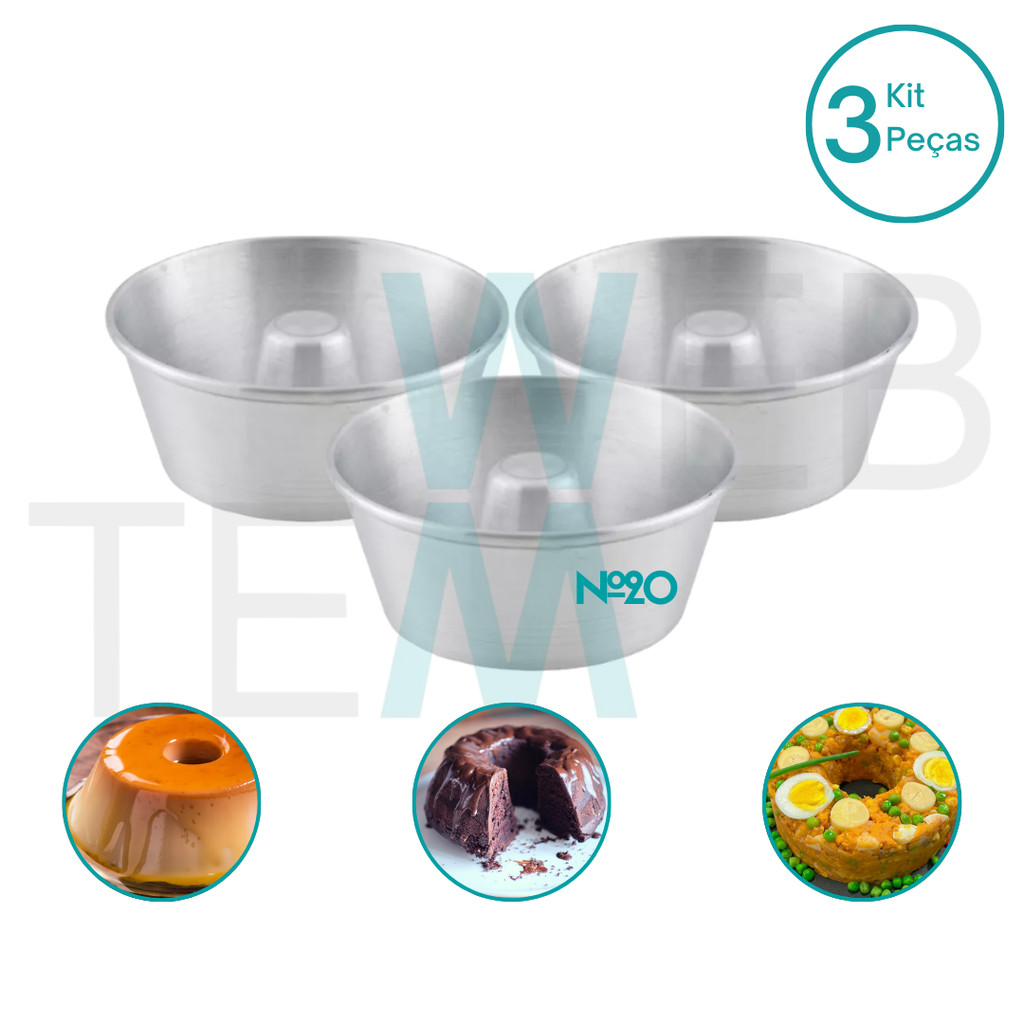 Kit 3 Formas de Pudim 8x20cm de Alumínio Sustentável para Bolos com Furo, Cuscuz,  Pudim, Manjar, Brigadeirão e Sobremesas, Cozimento Uniforme, Fácil Limpeza e Durabilidade, Ideal para Cozinhas Residenciais e Profissionais