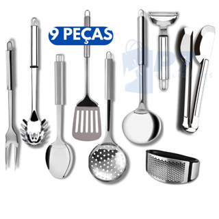 Kit Utensílios Colher de Arroz Grande Garfo Concha Pegador Massas Espremedor de Alho Descascador de Legumes Aço Inox em Oferta na Shopee