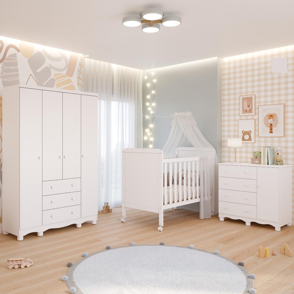 Quarto Bebê Completo Berço Americano Cloe 2 em 1 Guarda Roupas 4 Portas Cômoda Junior 100% MDF em Oferta na Shopee