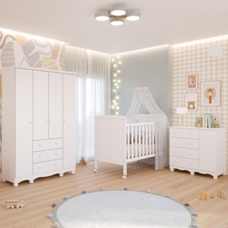 Quarto Bebê Completo Berço Americano Cloe 2 em 1 Guarda Roupas 4 Portas Cômoda Junior 100% MDF em Oferta na Shopee