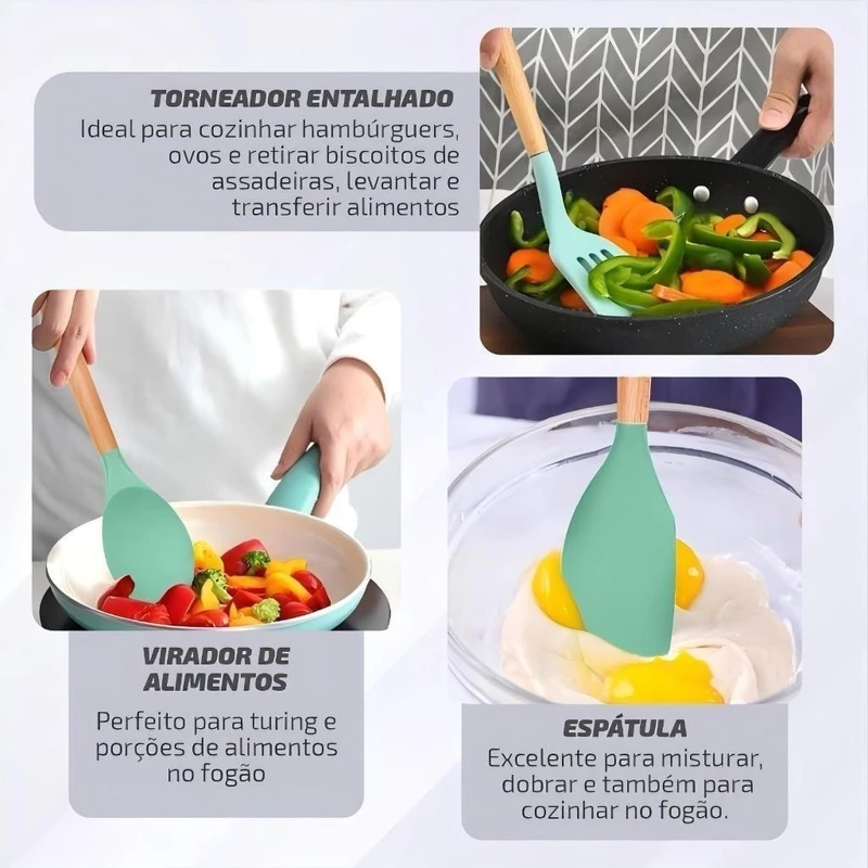 Kit 12 Peças de Utensílios de Cozinha em Silicone e Bambu — foto 7