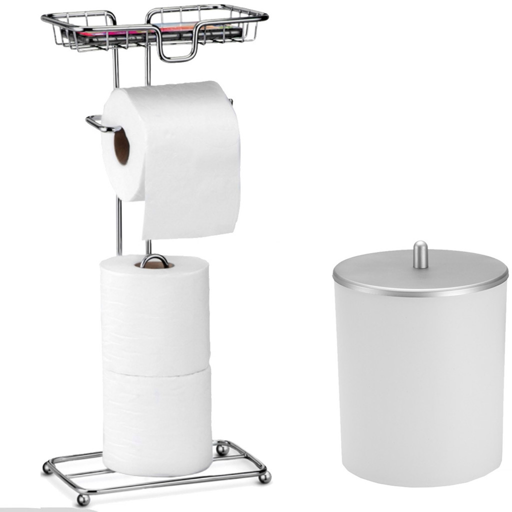 Kit Porta Papel Higiênico Lixeira Lavabo Banheiro Branco Prateado Luxo Arthi - Home & Living