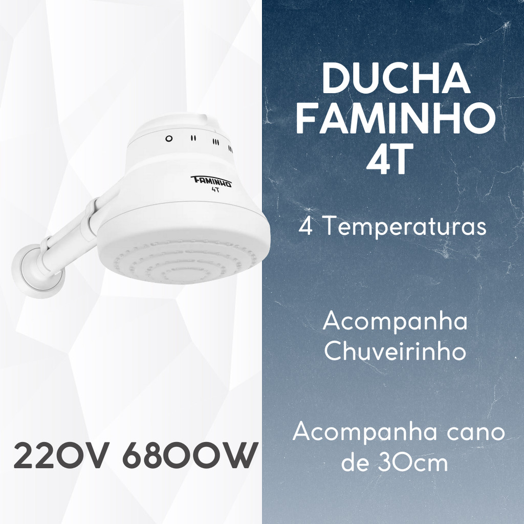 Chuveiro Ducha Fame Faminho 4T 220v 6800W Branco Cano 30cm Aquecimento Rápido Alta Potência