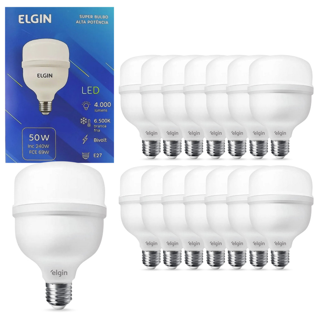 Kit De 15 Lâmpadas Bulbo Led 50W Bivolt Branco Frio Elgin