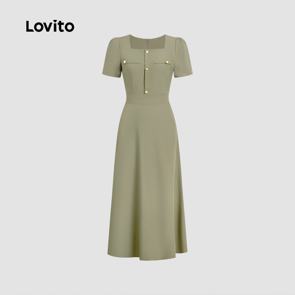 Detalhes do Lovito Vestido Feminino Verde com Fivela Metálica e Bolsos Falsos Elegante para Primavera/Verão L137ED307