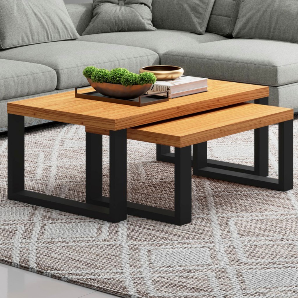 Mesa de Centro Industrial Kit 2 Peças 100% Mdf Freijó/Preto Fosco F40 - Pradel em Oferta na Shopee