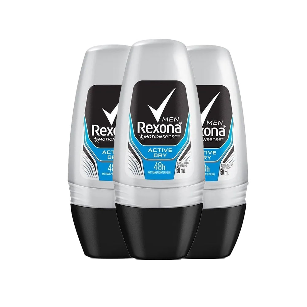 Kit Desodorante Roll On Rexona Men Active Dry 50ml - 3 Unidades - Beauty
