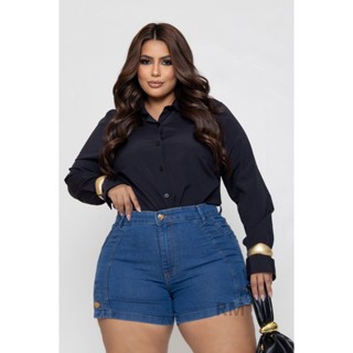 Roupas Femininas Short Jeans Plus Size C/ Lycra Cintura Alta ( azul botao na perna ) em Oferta na Shopee