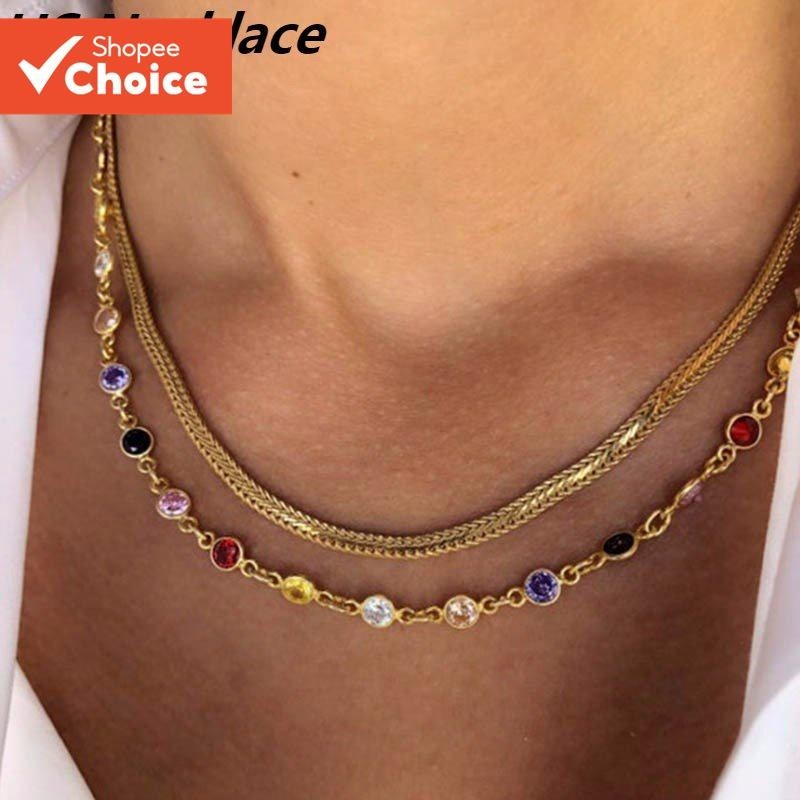 Moda Feminina Colar De Aço Inoxidável De Duas Camadas Rhinestone Acessórios De Jóias/Colarhs