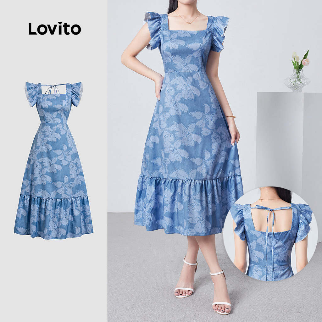 Lovito Vestido Casual de Primavera/verão Azul com Renda Laço e Babado com Boa textura LBL26329