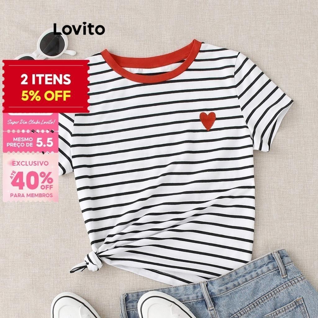 (Trendy) Lovito Camiseta casual listrada com costura em bloco de cores para mulheres L112ED151 - Women Clothes