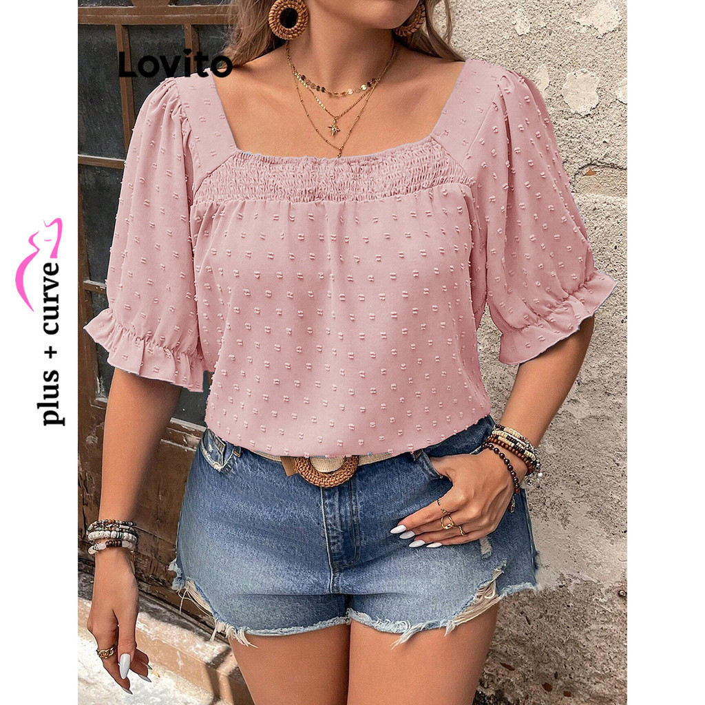 (Trendy) Lovito Blusa Curva Plus Size Casual Blusa Jacquard Com Bolinhas Para Mulheres LBL16550 - Women Clothes