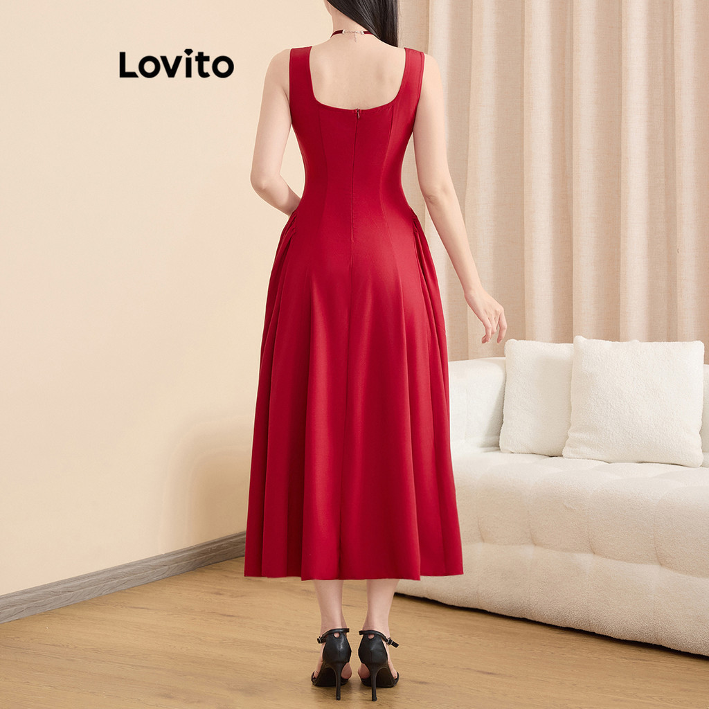 (Trendy) Lovito Vestido Casual Liso Com Amarração Nas Costas Vestido De Tecido Texturizado Para Mulheres L121AD1083 - Women Clothes