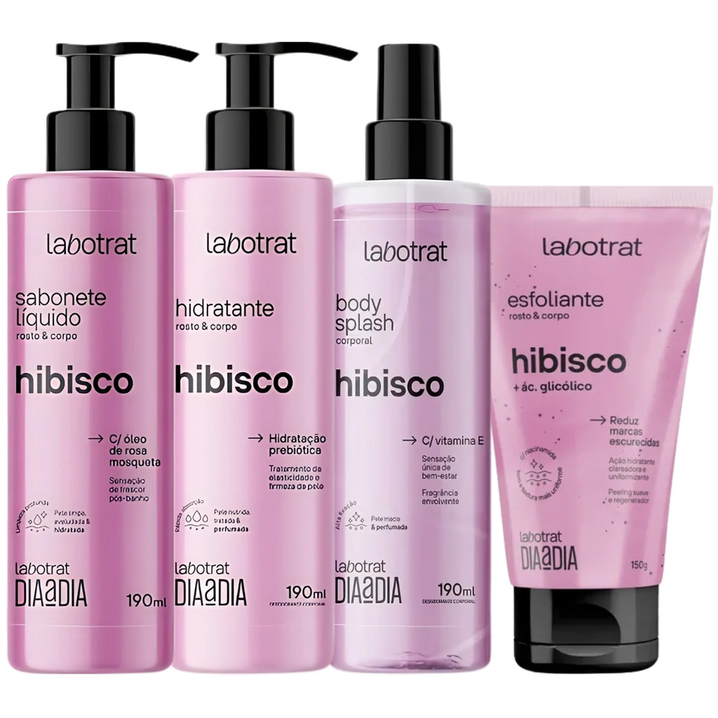 Kit Banho Premium Labotrat Hibisco Completo 4 Produtos C/ Body Splash Cheiro De Fruta Corpo E Rosto