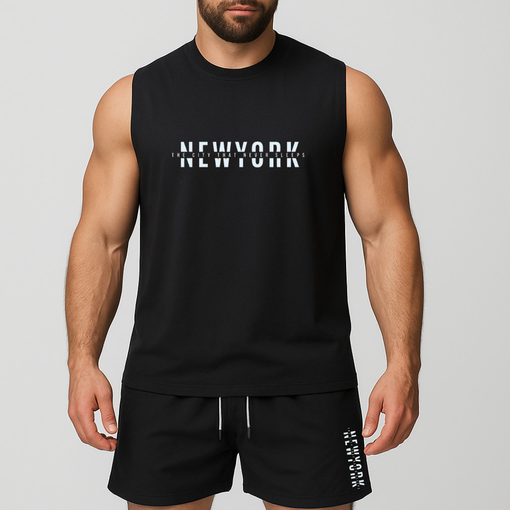 conjunto regata oversized e short de tactel de academia másculino estampada newyork